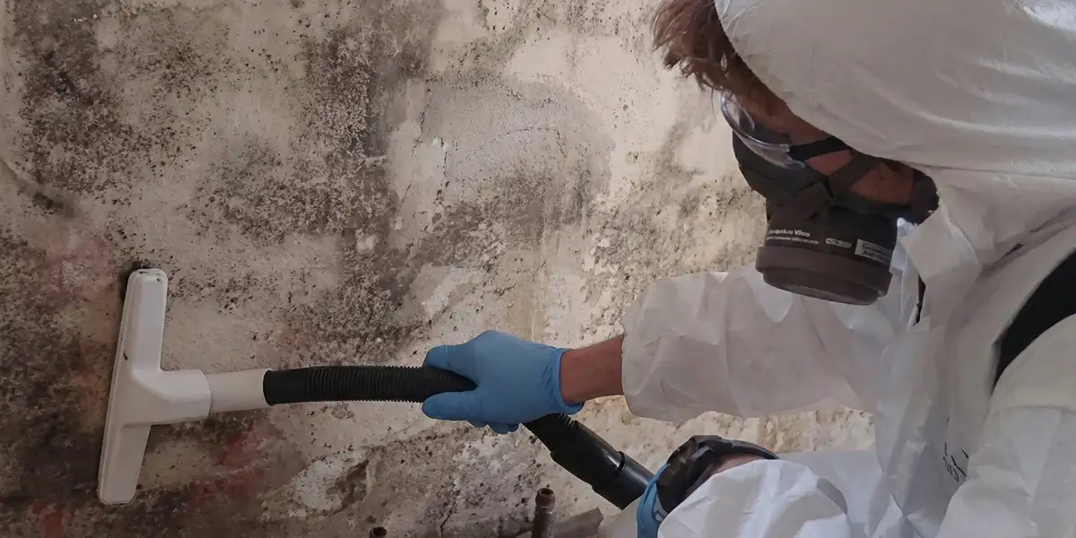 professional mold removal technician wearing protective equipment removing mold from a wall in St Paul, MN
